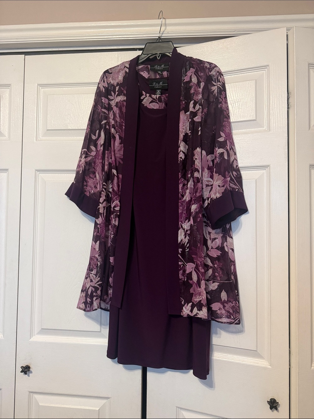 Two-Piece Plum Floral Midi Dress and Sheer Set